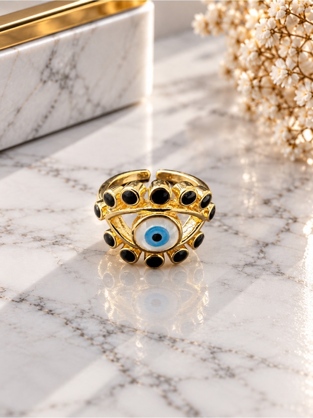 Gold Filled Adjustable Evil Eye Ring with Black Accents - Women's Jewelry